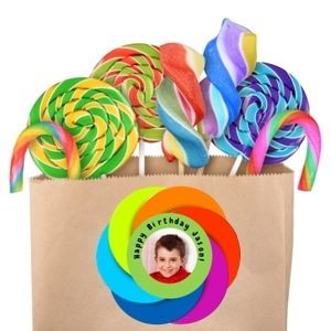 Create a custom favor label online with your photo and text. Adhere to a plain brown bag to create a colorful custom party favor or DIY gift.