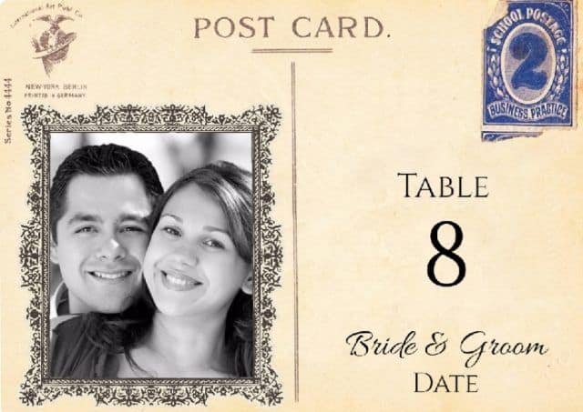 table number with photo of bride and groom